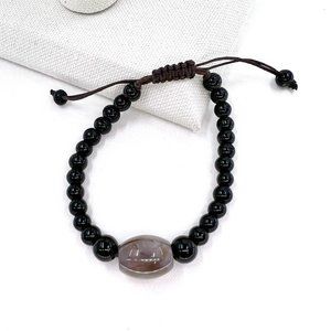 Beautiful Agate and Black Glass Beaded Brown Cord Adjustable Bracelet